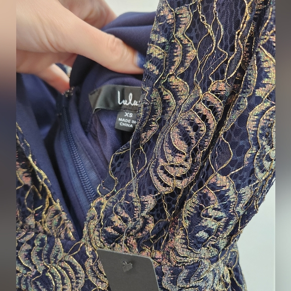 NWT Lulu's Blue & Gold Lace Skater Dress - Picture 4 of 7